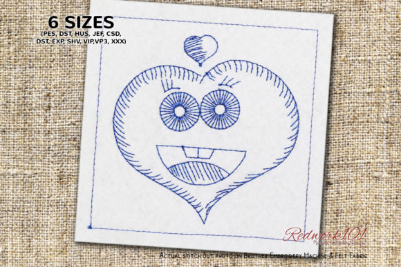 Charming Cute Heart Shape with Face Redwork