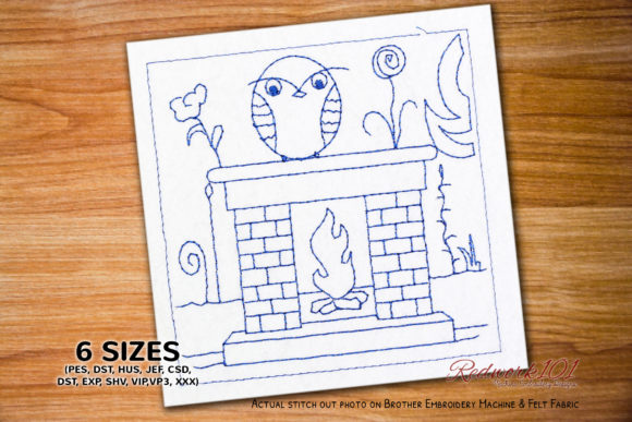 Fireplace with Owl Redwork: A Charming Embroidery Design