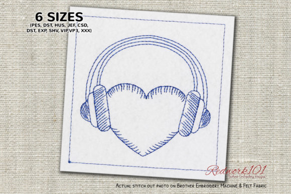 Headphones over Heart Shape Redwork